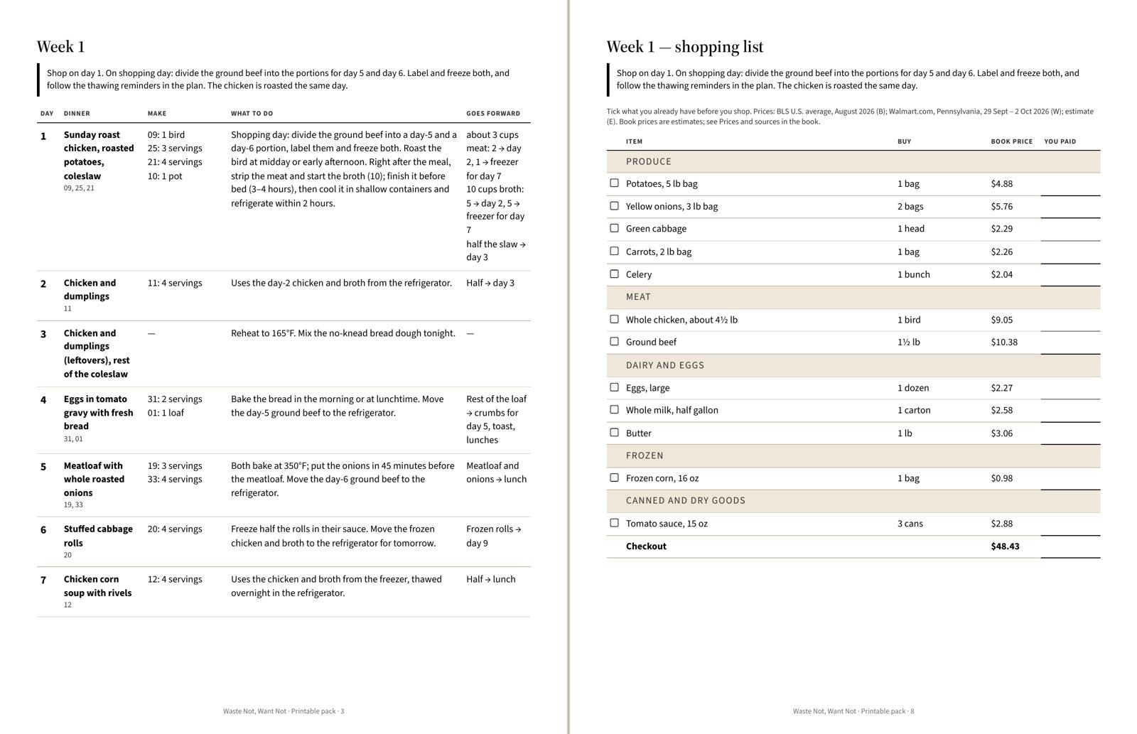 Printable pages: week 1 dinner plan and week 1 shopping list for two people